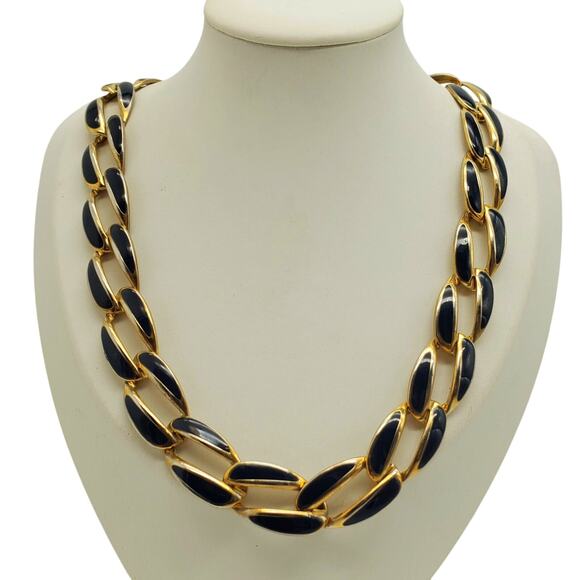 Black Enamel Gold Tone Link Necklace Chunky Chain Vintage 80s 90s Statement - Picture 1 of 11